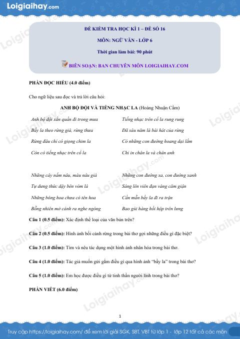Đề thi học kì 1 Văn 6 - Đề số 16